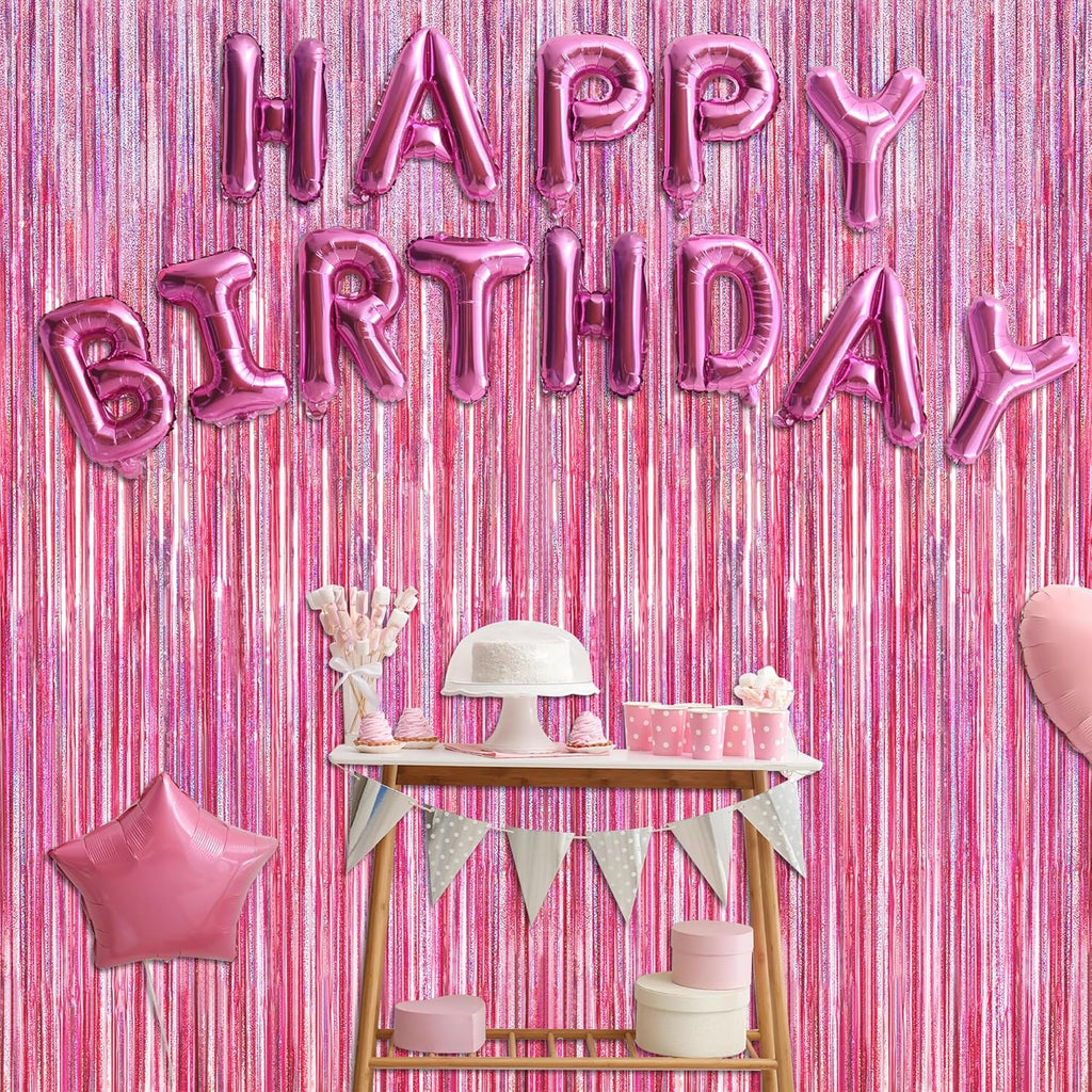 Skiennix Pink Backdrop - 12 Pack Metallic Glitter Tinsel Fringe Curtains | 3.28 FT x 7.05 FT Party Decor