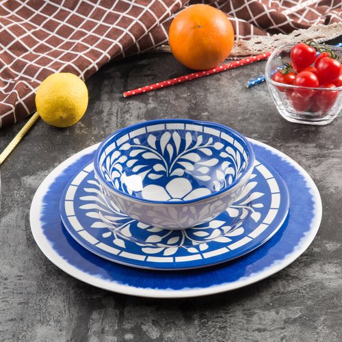 Yinshine Melamine Dinnerware Set - 12 Pcs Dinner Dishes Set for 4, Plates and Bowls Set for Indoor & Outdoor Use- Dishwasher Safe, Unbreakable, Blue