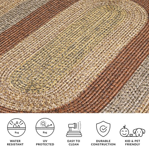 SAFAVIEH Washable Rug Outdoor Braided Collection - 3' x 5' Oval, Brown & Gold, Handmade & Reversible, Non-Shedding & Easy to Clean, Ideal for Patio, Backyard, Mudroom (BRD318T)