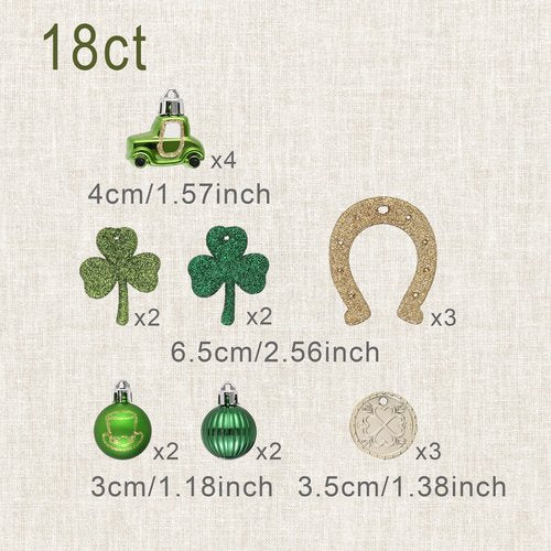 DecorbyHannah St Patricks Day Decorations Shamrock Irish Tree Ornaments Set, 18ct Green Gold St. Patrick's Day Shatterproof Good Luck Clover Hanging Horseshoe Truck Ornament for Christmas Party Spring