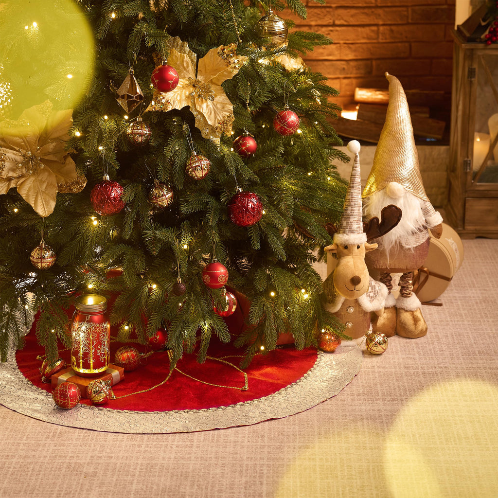 Valery Madelyn Christmas Tree Skirt for Tree Decorations, 60 Inch Fabric Luxury Red Gold Large Xmas Velvet Tree Skirt with Embroidery Flower & Golden Baroque Border Tree Merry Christmas Party Decor