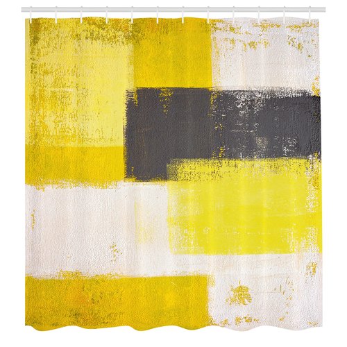 Ambesonne Grey and Yellow Shower Curtain, Abstract Grunge Style Brushstrokes Painting Style, Fabric Bathroom Decor Set with Hooks, 105" Extra Wide, White Charcoal Grey and Pale Yellow