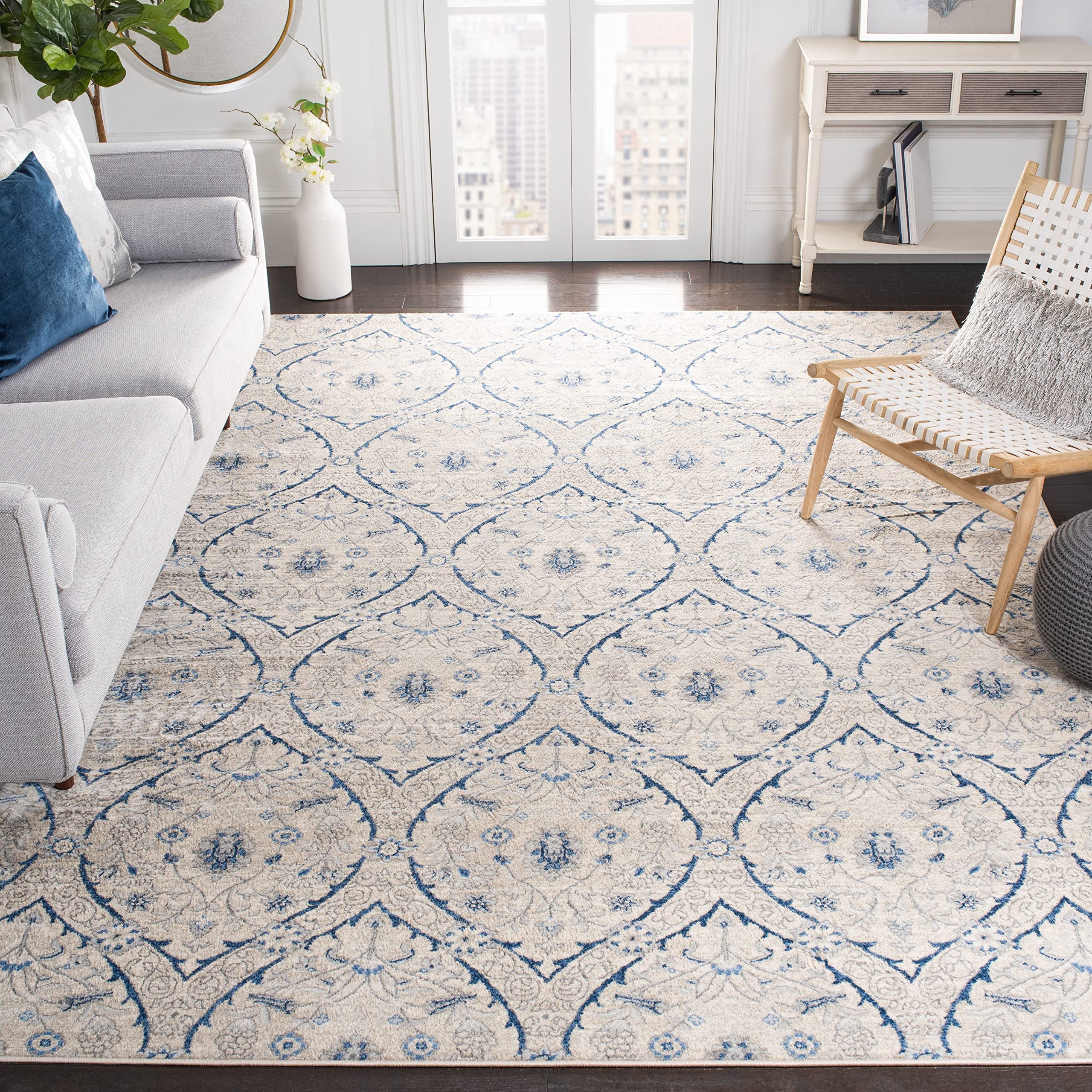 SAFAVIEH Brentwood Collection 3' x 5' Navy / Light Grey BNT860M Floral Damask Ogee Trellis Non-Shedding Living Room Bedroom Accent Rug