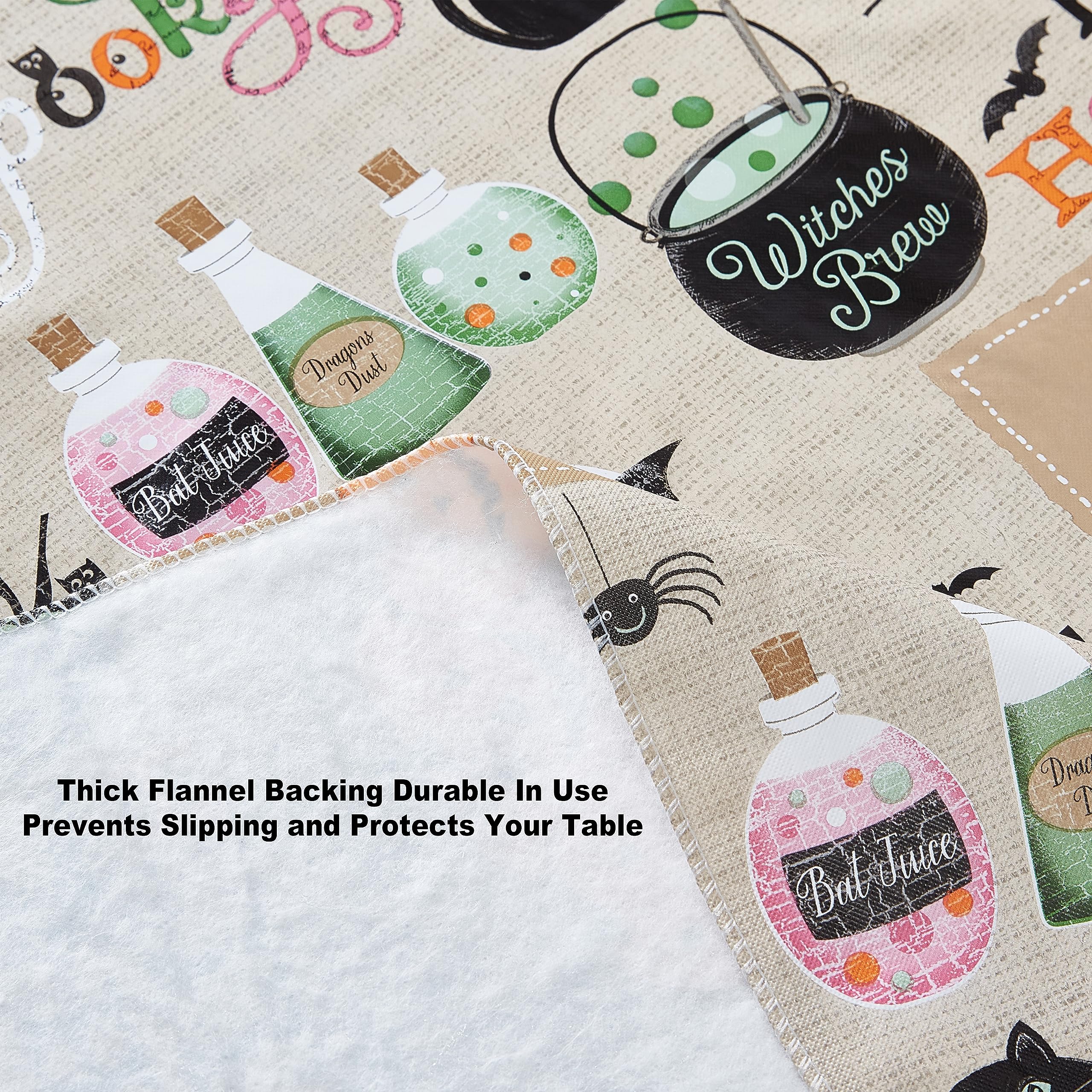 Newbridge Happy Halloween Witches Brew 60 x 84 Inch Oval Vinyl Tablecloth with Flannel Backing, Cute Ghost, Cat and Pumpkin Design, Easy Care Wipe Clean Halloween Table Cover