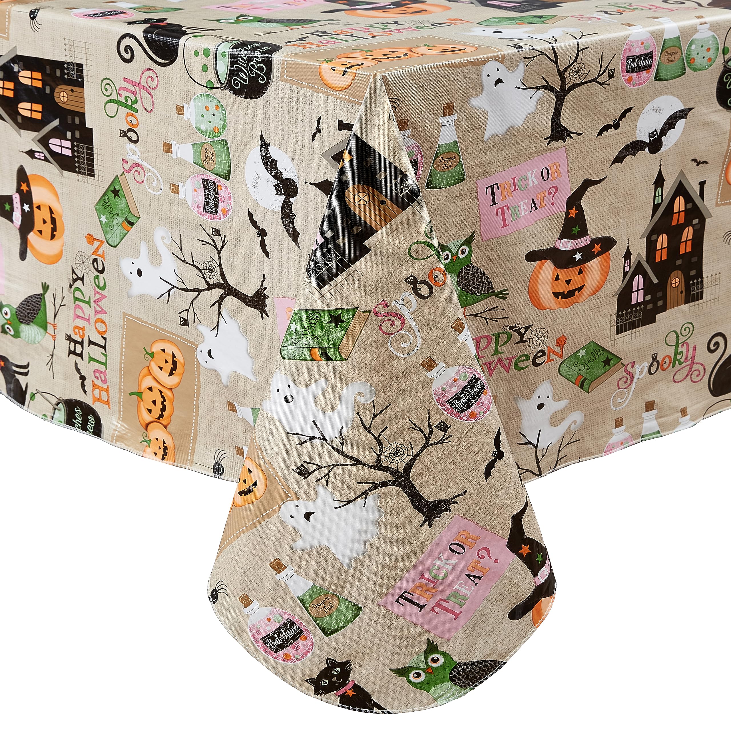 Newbridge Happy Halloween Witches Brew 60 x 84 Inch Oval Vinyl Tablecloth with Flannel Backing, Cute Ghost, Cat and Pumpkin Design, Easy Care Wipe Clean Halloween Table Cover