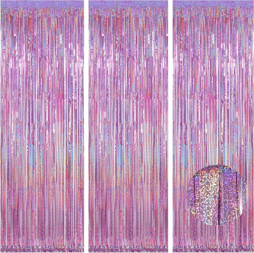 Melsan Easter Decorations - 3 Pack Pinkish Purple Tinsel Fringe Curtain Backdrop | Sparkling Metallic Party Decor for Birthdays & Weddings