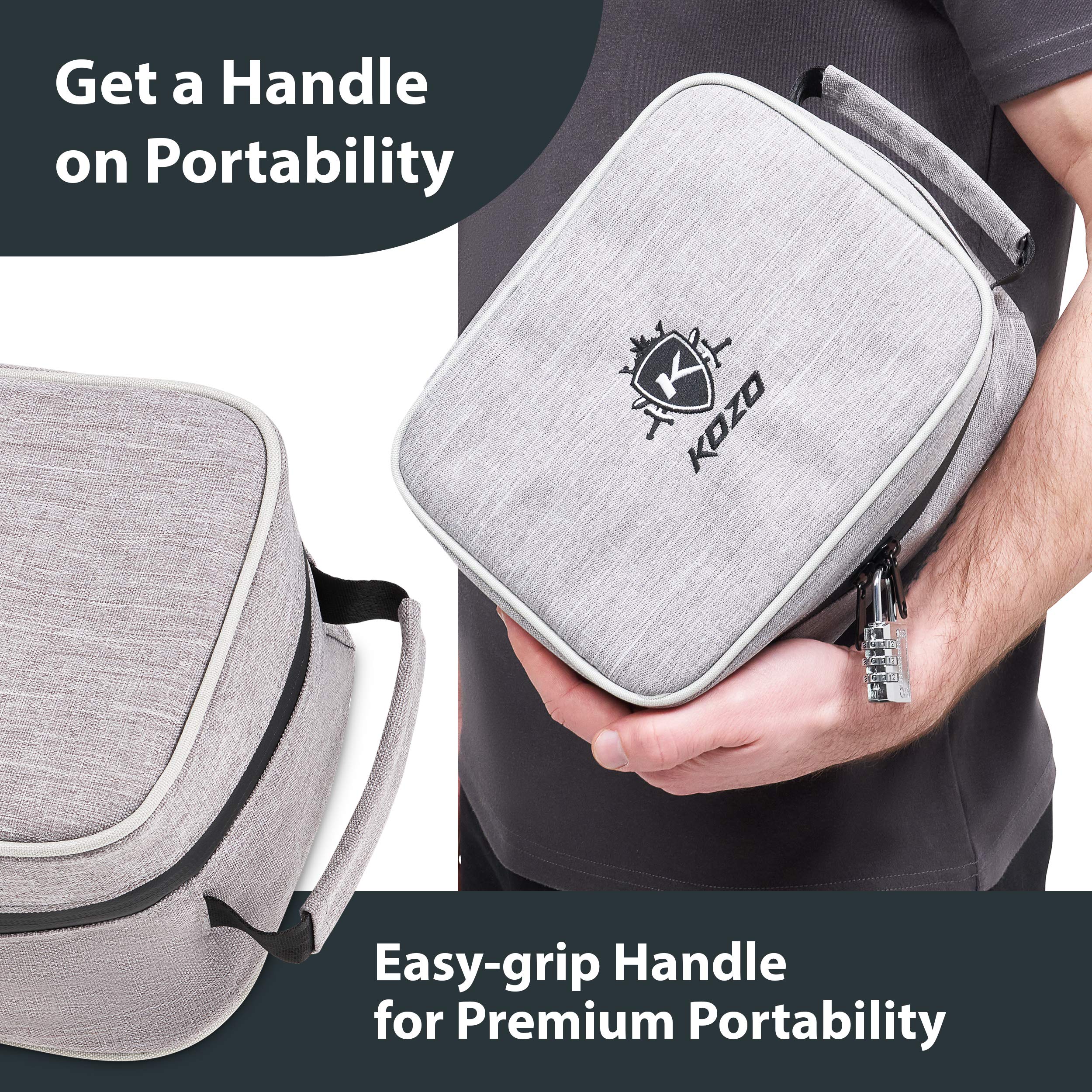 KOZO Smell proof Bag with Combination Lock – Portable Bags with Tightly Locking Zippers and 7 Layers of Carbon-Woven Fabric – Durable Case, 4.9 x 6.7 x 8.7 In. (Gray)