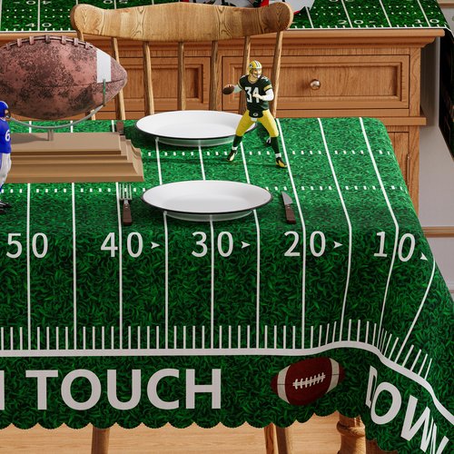 Siilues Football Tablecloth Rectangle 60x84 Inch, Washable Green Grass Touch Down American Football Field Tablecloth Scalloped Edge Waterproof Rugby Boy Birthday Party Decoration Table Cloth
