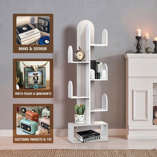 DOZILY Cactus Tree Bookshelf, 5-Tier Wood 50" Tall Storage Rack for CDs/Movies/Books, Small Space-Saving Organizer Shelves for Living Room, Bedroom, Home Office (Mist Green)