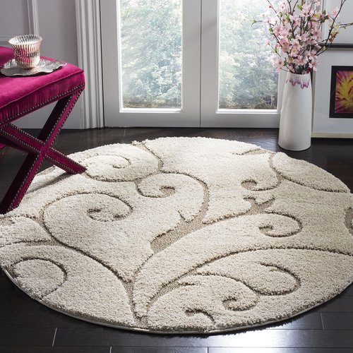 SAFAVIEH Florida Shag Collection Area Rug - 3'3" Round, Cream & Beige, Scroll Design, Non-Shedding & Easy to Clean, High-Low Plush Pile, Ideal for Living Room, Bedroom, Dining Space (SG455-1113)
