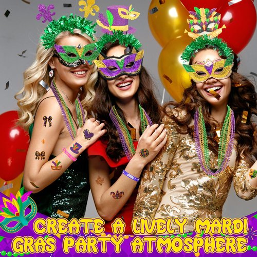 Seifar 172 Pcs Mardi Gras Accessories Set, Purple Green Gold Mardi Gras Beads Necklaces Coins Headbands Bracelets Tattoos for Mardi Gras Masquerade Parade Decor Party Favors Supplies