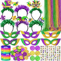 Seifar 172 Pcs Mardi Gras Accessories Set, Purple Green Gold Mardi Gras Beads Necklaces Coins Headbands Bracelets Tattoos for Mardi Gras Masquerade Parade Decor Party Favors Supplies