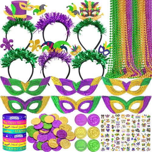 Seifar 172 Pcs Mardi Gras Accessories Set, Purple Green Gold Mardi Gras Beads Necklaces Coins Headbands Bracelets Tattoos for Mardi Gras Masquerade Parade Decor Party Favors Supplies