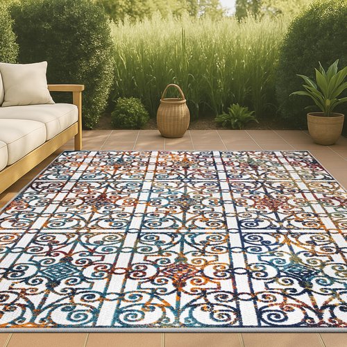 JONATHAN Y Ornate Trellis Indoor Outdoor Area Rug 5X8 Cream/Blue/Orange, Cetara for Backyard, Patio, Porch, Easy-Cleaning, High Traffic, Pet-Friendly, Non-Shedding (AMC111A-5)