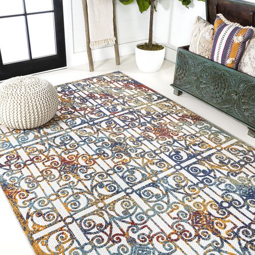 JONATHAN Y Ornate Trellis Indoor Outdoor Area Rug 5X8 Cream/Blue/Orange, Cetara for Backyard, Patio, Porch, Easy-Cleaning, High Traffic, Pet-Friendly, Non-Shedding (AMC111A-5)