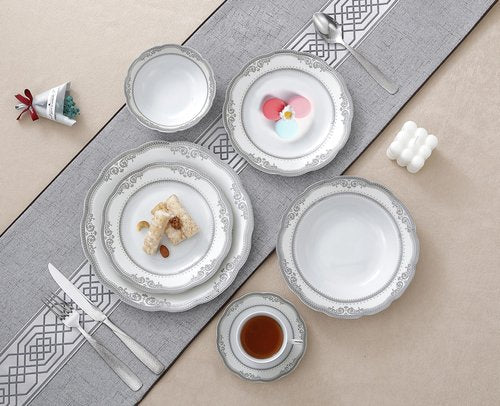 Lorren Home Trends Victoria-24 24 Piece Victoria Design Porcelain Wavy Edge Dinnerware Set, White
