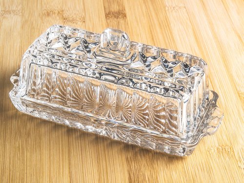 Butter Dish - Cheese Dish - Covered - Cut Crystal Glass - - Rectangular - 7.25" Length - Made in Europe - by Barski