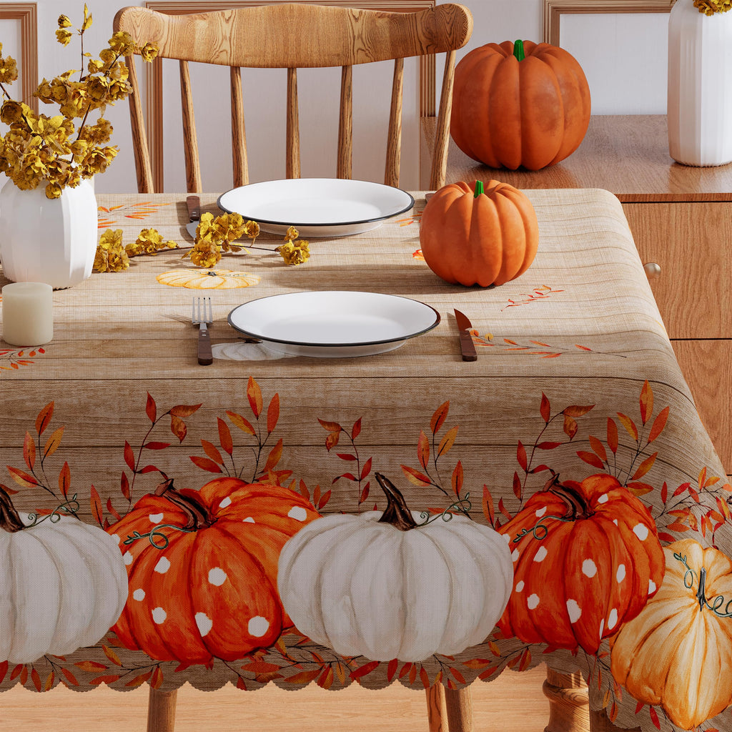 Fall Tablecloth 60x84 Inch Rectangle, Wood Leaves Pumpkin Decorations Seasonal Autumn Thanksgiving Scalloped Edge Waterproof Table Cover Home Party Decor