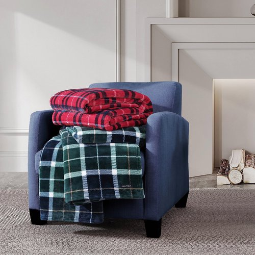 Nautica Blanket Plush Fleece Plaid Bedding, Home Decor for All Seasons, King, Winter Tattersall Red