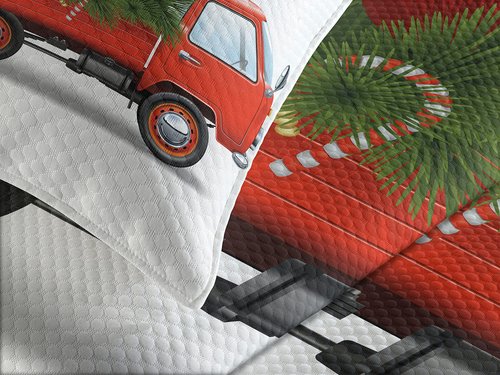 Ambesonne Christmas Bedspread, Red Retro Style Farm Truck and Big Xmas Tree Tinsel Balls Candy Design, Decorative Quilted 3 Piece Coverlet Set with 2 Pillow Shams, Queen Size, Green White