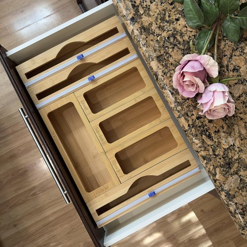 Incredinest Bamboo Drawer Organizer Bag Holder – Modular Design Zip Lock Bag Organizer Plastic Wrap Dispenser with Cutter – Baggie Organizer for Drawer with Single and Double Wrap Dispenser