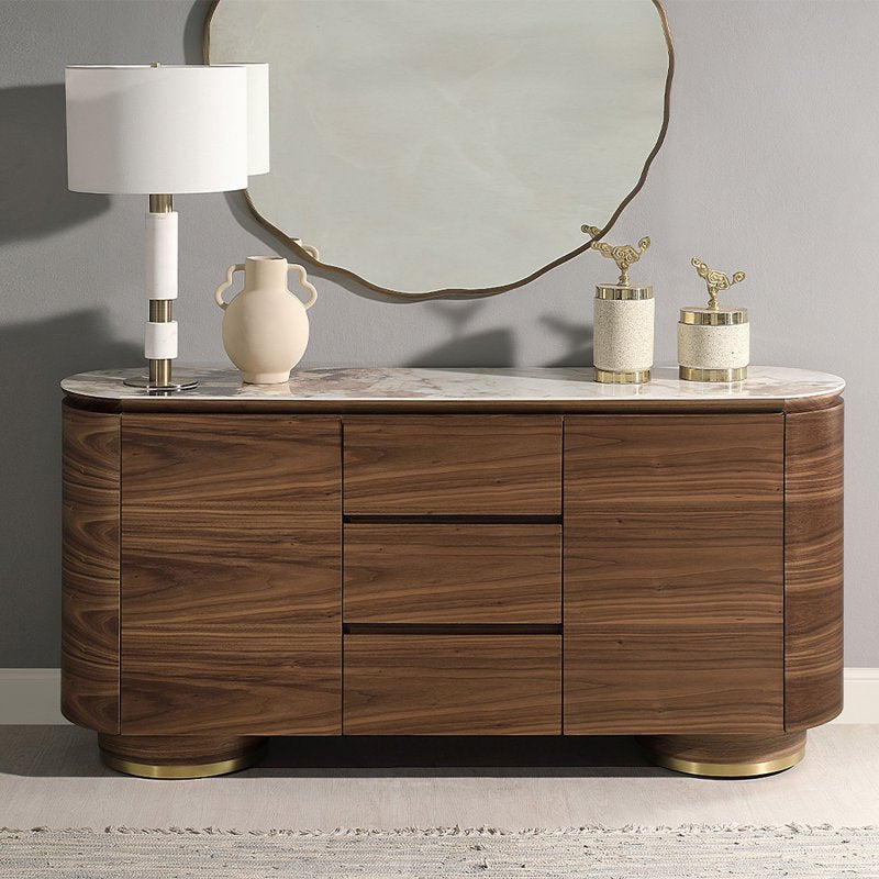 Contemporary Walnut Wood Server with Ceramic Top - 3 Drawers & 2 Doors