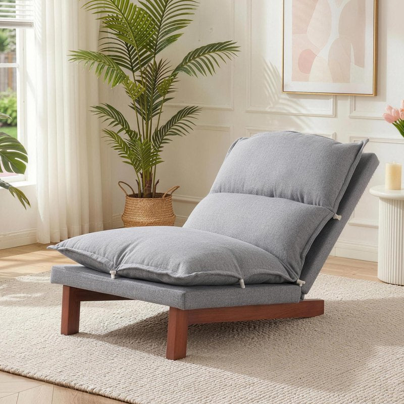 Adjustable Floor Lounge Chair - Gray Linen Recliner with Wood Legs