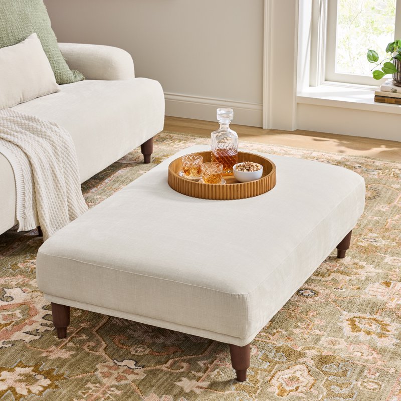 Cocktail Ottoman - Rectangular Ivory Velvet with Wood Legs