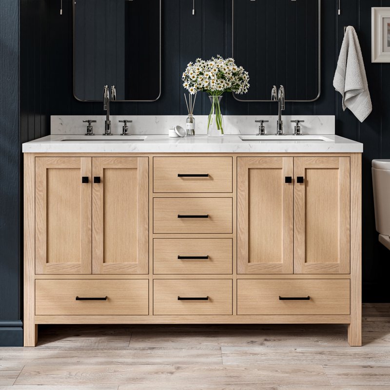 Bathroom Vanity with Sink - 60 Inch Solid Wood with Carrara Quartz Top - Natural Oak Finish