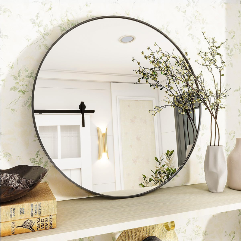 20 Inch Round Wall Mirror with Aluminum Alloy Frame Black - Vanity & Bathroom Decor - Variation of THIS listing
