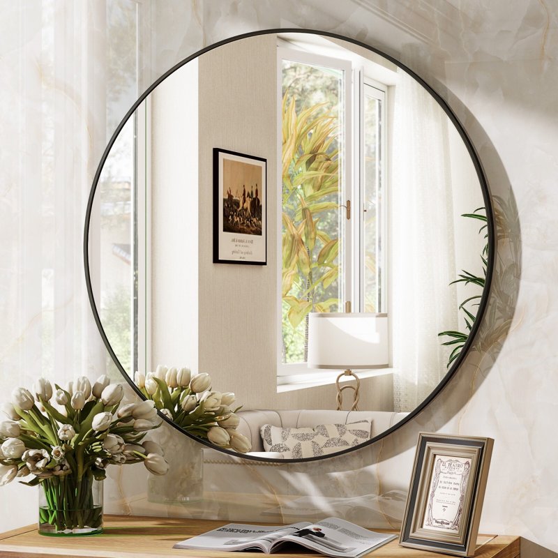 AUROMIR 24x24 Inch Round Wall Bathroom Mirror - Black Modern Vanity