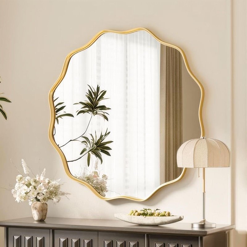 24-Inch Gold Wavy Round Bathroom Mirror Wall Mounted Vanity Mirror