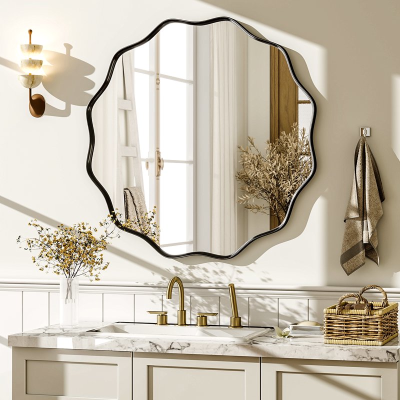 30-Inch Wavy Round Bathroom Mirror Wall Mounted Modern Vanity Mirror - Black