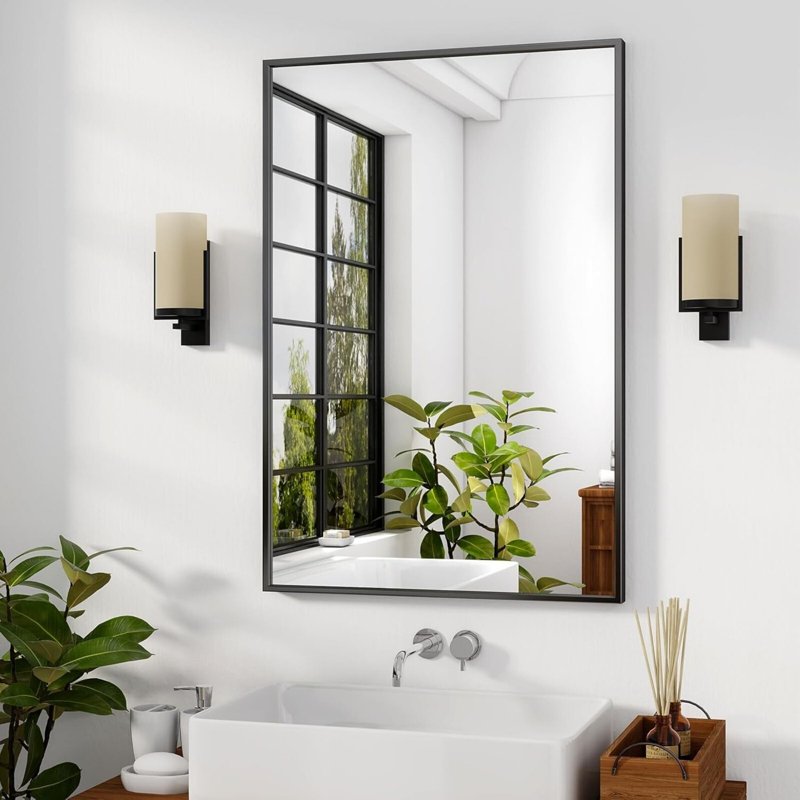 Bathroom Wall Mirror 30x20 Inch Rectangular Black Metal Frame Vanity Mirror - Modern Decor