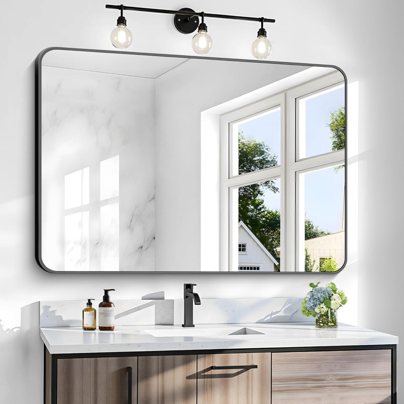 Bathroom Mirror Wall-Mounted Rectangular Frame 30x48 Black - Versatile & Durable
