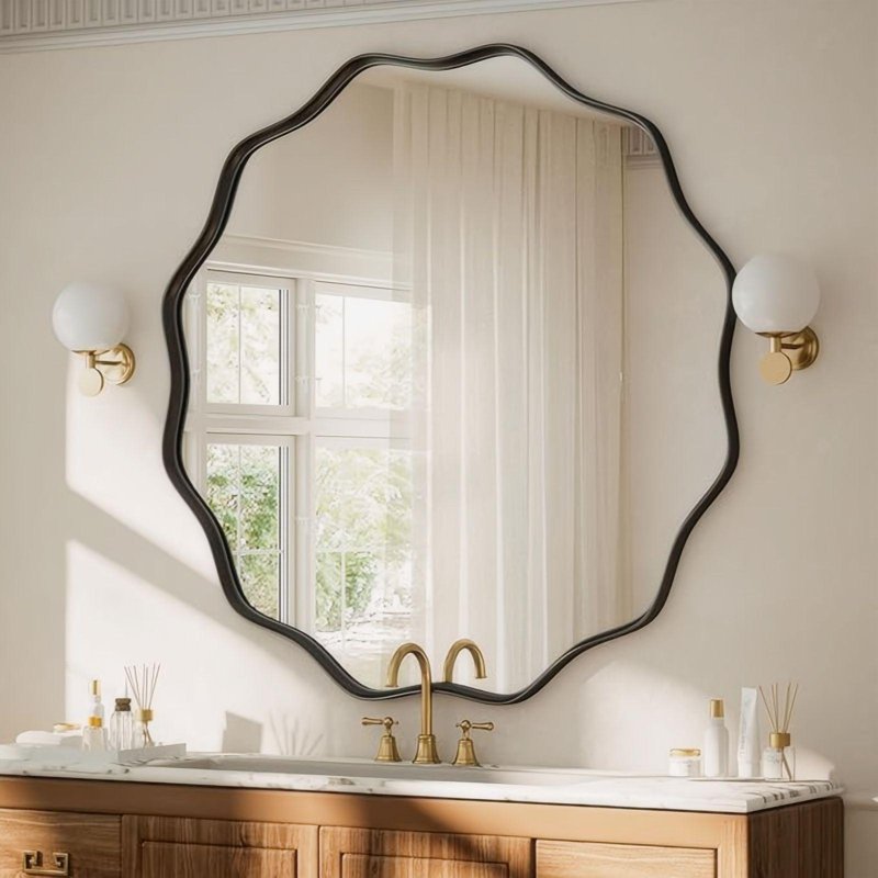 AUROMIR 36-Inch Wavy Round Bathroom Mirror Wall Mount Black Frame Variation