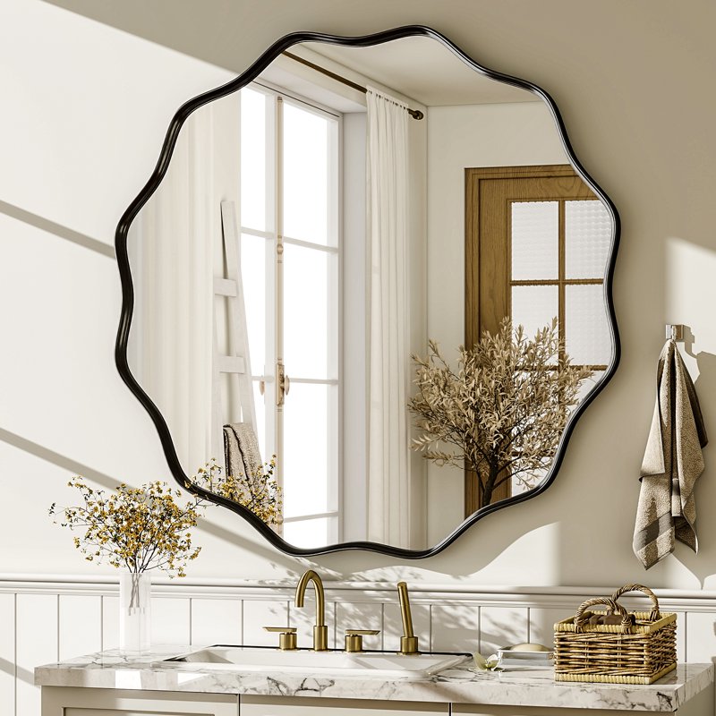 36x36-Inch Wavy Round Bathroom Mirror Wall Mounted Modern Vanity Mirror Black
