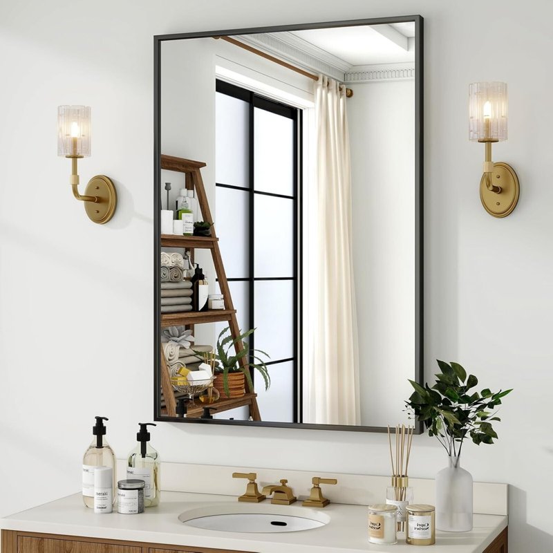 Bathroom Wall Mirror 36x24 Black Rectangular Vanity Mirror with Metal Frame - AUROMIR