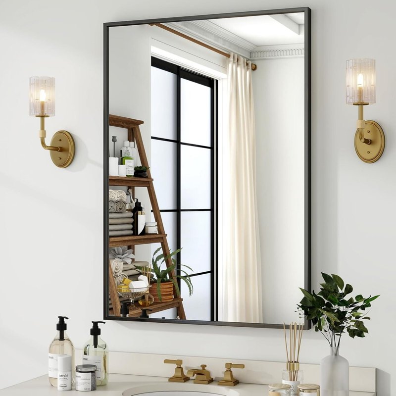 Rectangular Bathroom Mirror 38x26 Black Metal Frame Wall Vanity Mirror