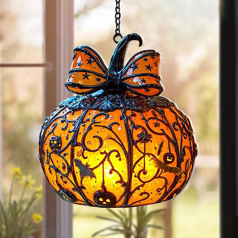 Halloween Stained Glass Hanging Pumpkin Ornament - Bat Star Design, Indoor Decor, Variation #01