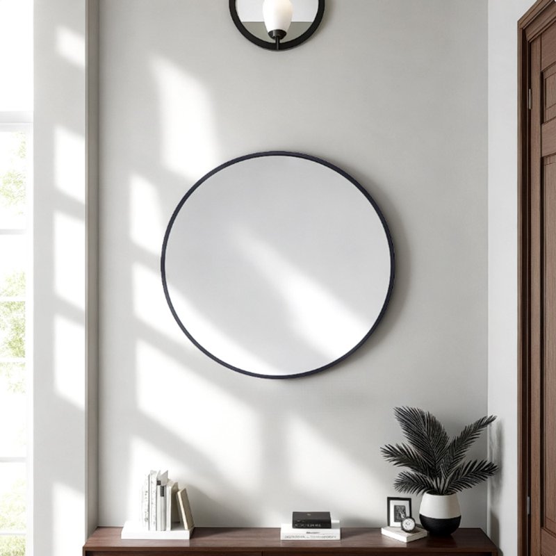20-Inch Black Round Wall Mirror - Aluminum Framed Vanity Mirror