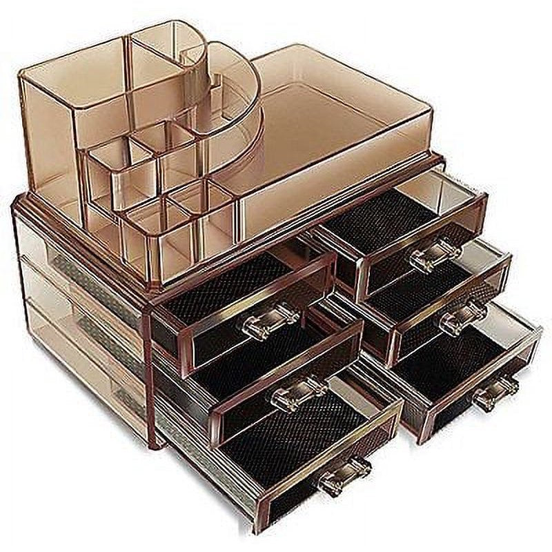 Acrylic Cosmetics Organizer with Drawers & Compartments - Dark Brown Makeup Storage Box