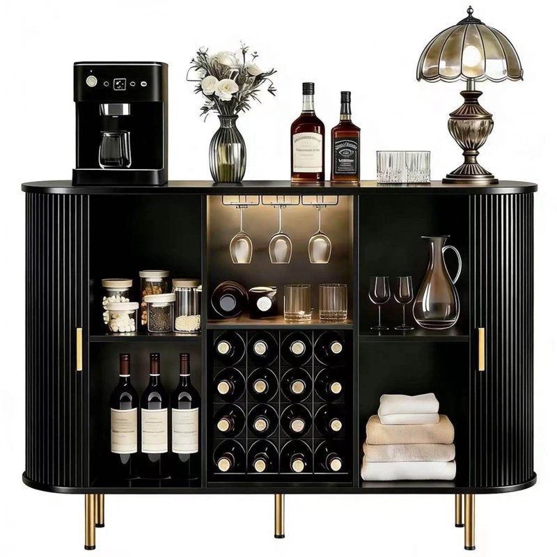 55" Wine Bar Cabinet with Storage & LED Lights - Black