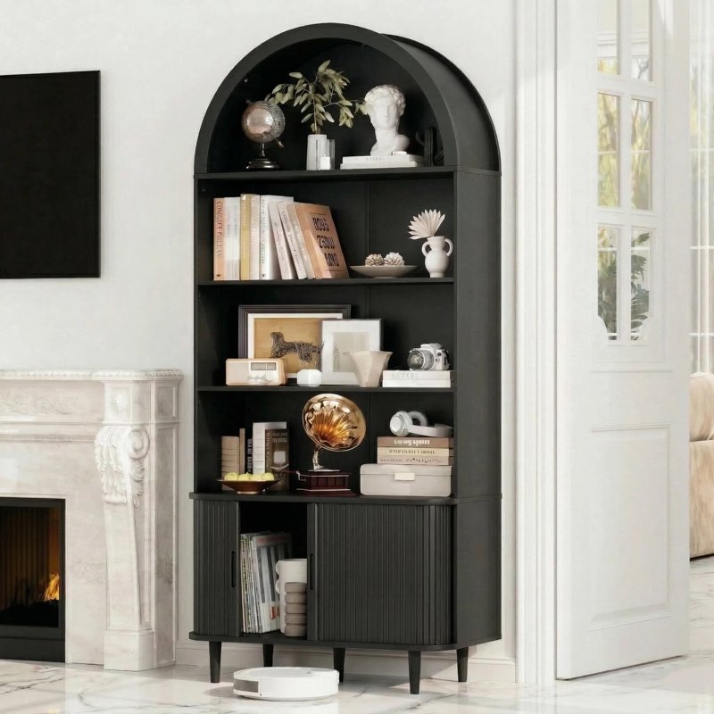 71" Tall Arched Bookshelf - 5-Tier Modern Farmhouse Bookcase with Sliding Doors