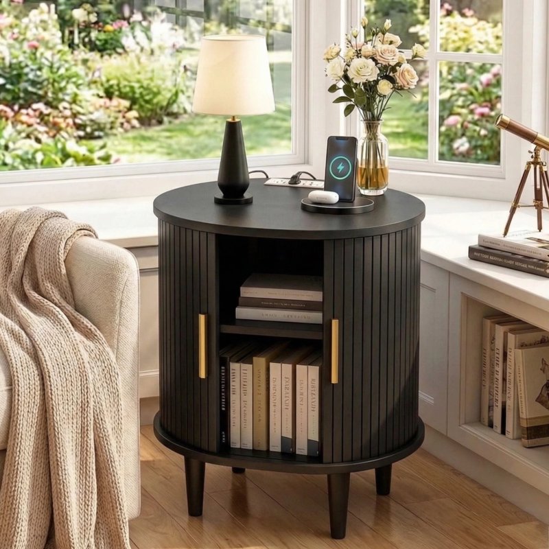 Nightstand with Charging Station - Fluted Accent Table, Black