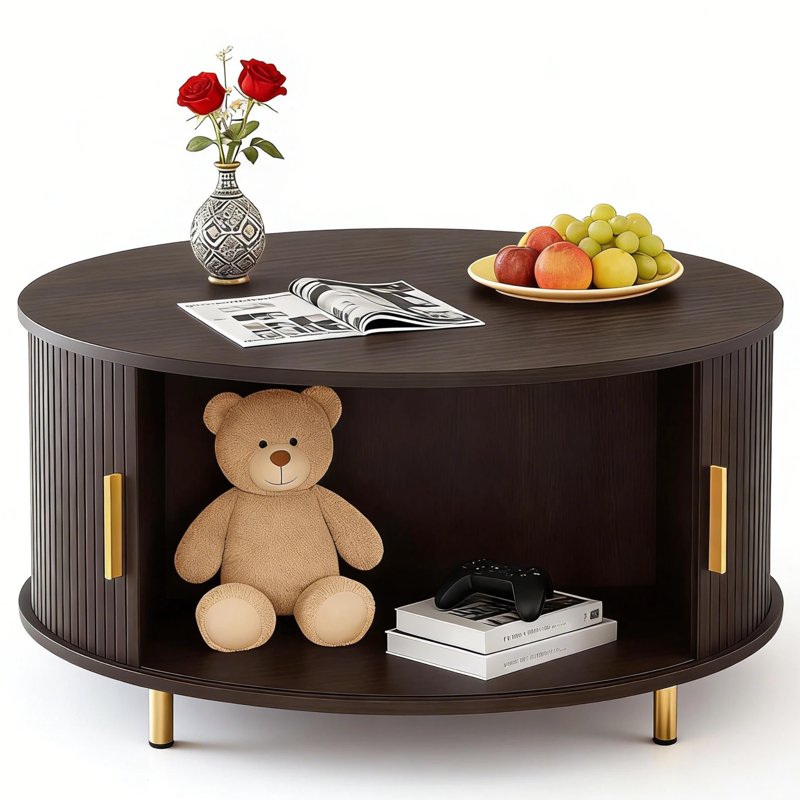 Round Coffee Table with 360° Sliding Door & Fluted Storage
