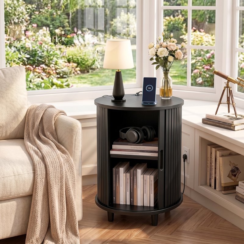 Round End Table with Charging Station & Adjustable Shelf