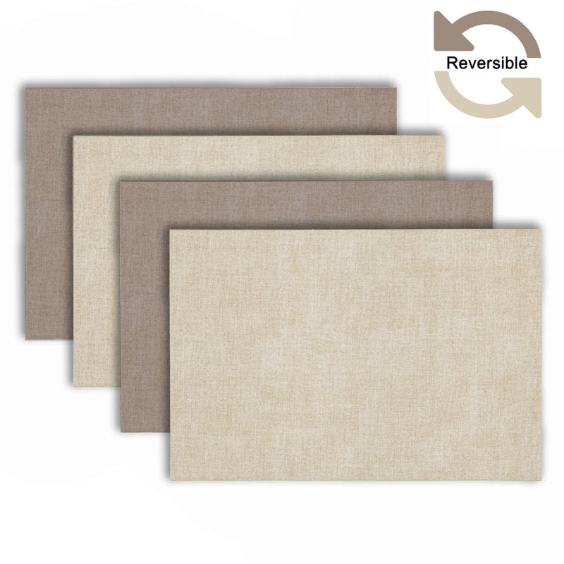 Textured Faux Leather Placemats - Set of 4, Reversible, Non-Slip, 12x18 in - Linen/Taupe