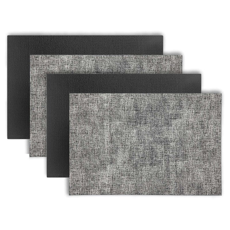 Textured Faux Leather Placemats - Set of 4, Reversible, Non-Slip, 12x18 in - Black