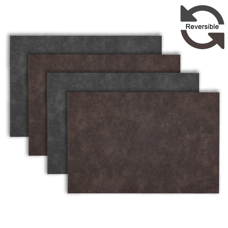 Textured Faux Leather Placemats Set of 4 - Grey/Brown, Reversible, Non-Slip